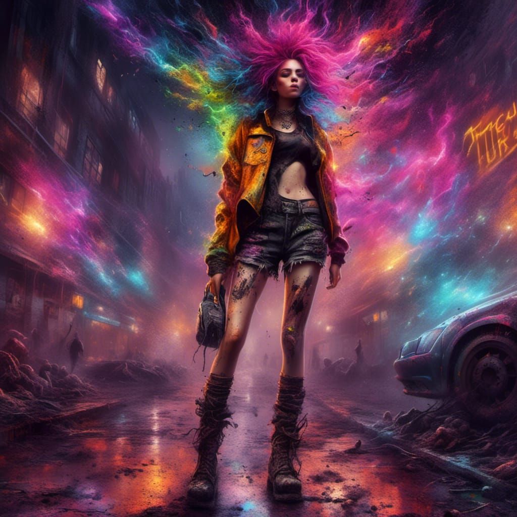 Futuristic Punk Girl in Neon City, Pencil Sketch