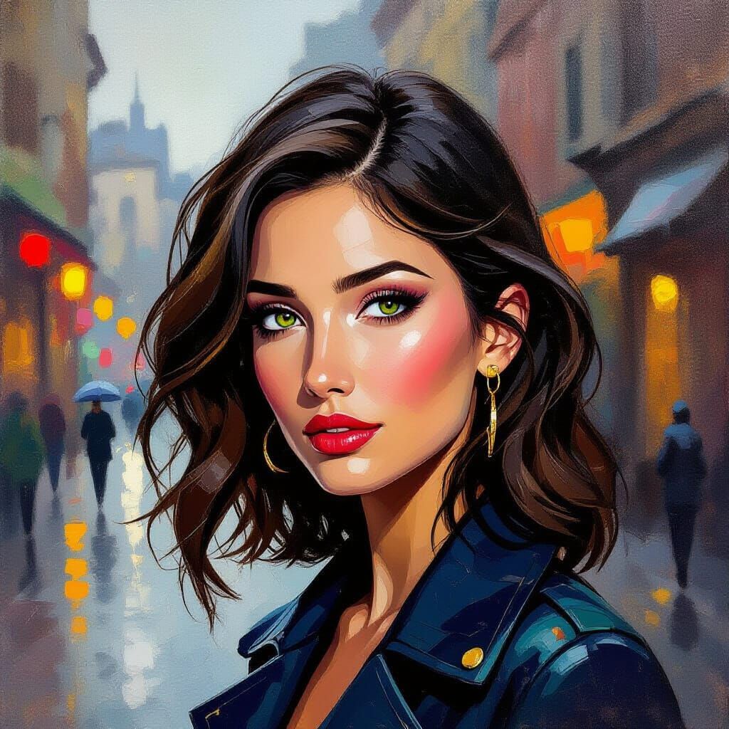 Woman in Rainy Street: Neo-Impressionist Oil Painting