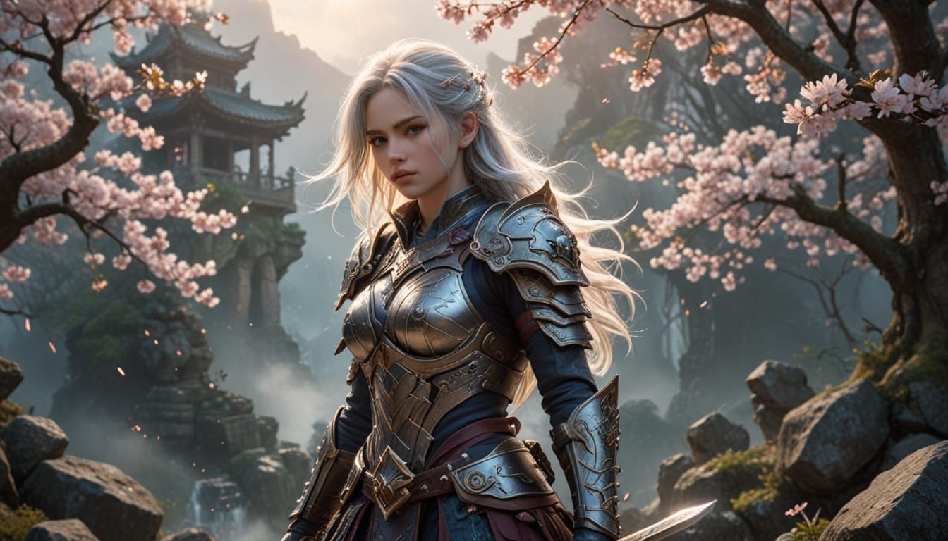 Epic Fantasy Landscape with Silver-Haired Warrior