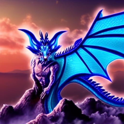 Dragon with Electric Blue Scales and Kitsune Ears