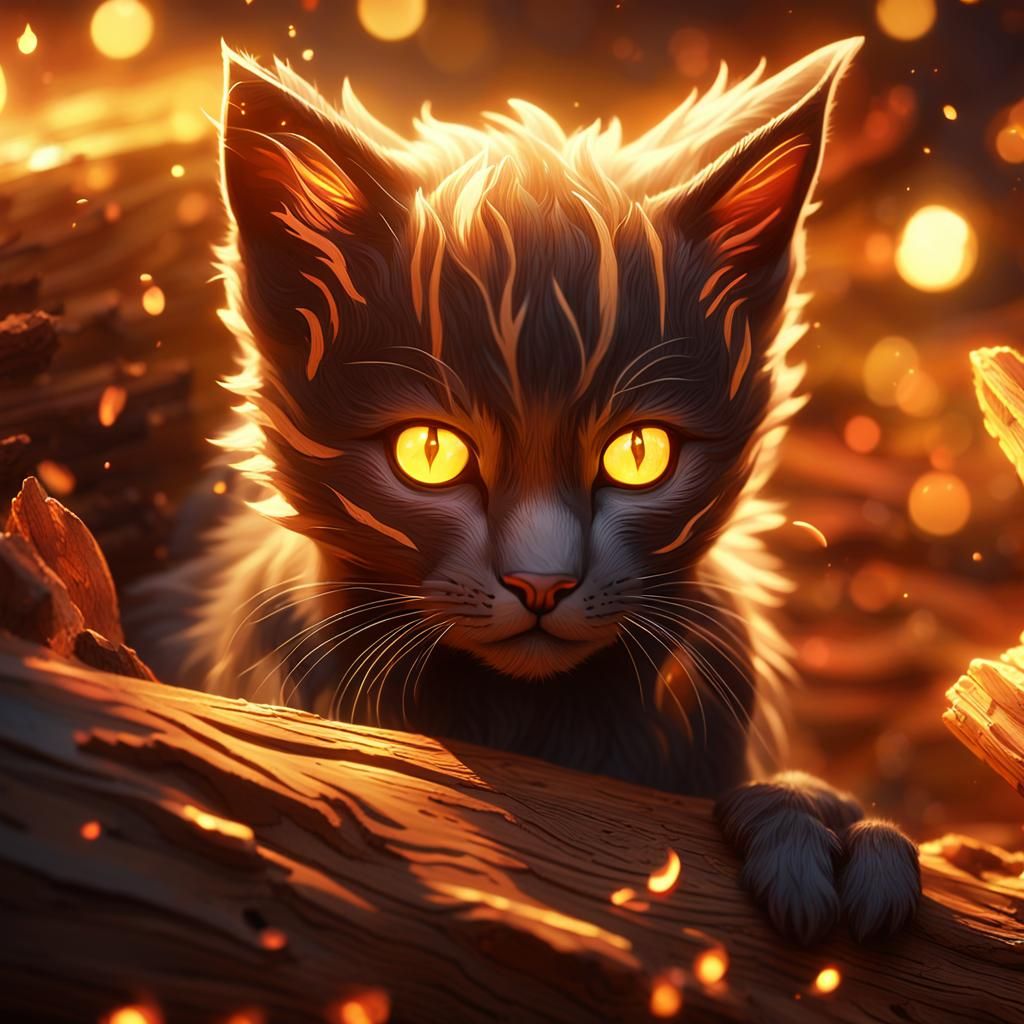 Wooden Kitten with Glowing Embers: Fantasy Concept Art