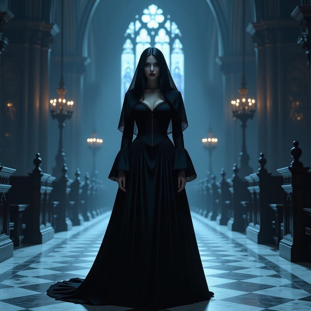 Troubled Woman in Cathedral: Dark Surrealism