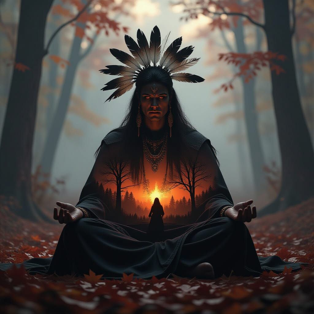 Native Spirit Guide in Autumn Forest Double Exposure