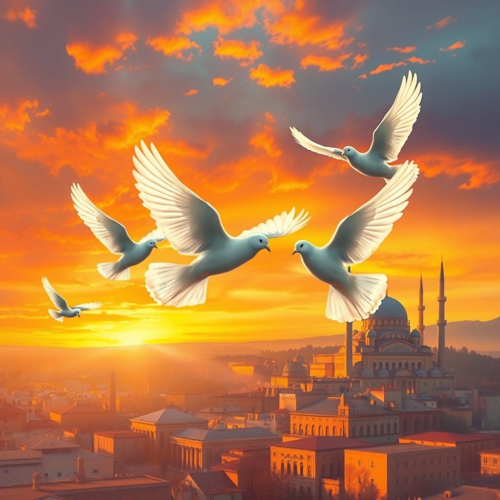 Peaceful White Doves Soar Above Damascus in Sunset Splendor