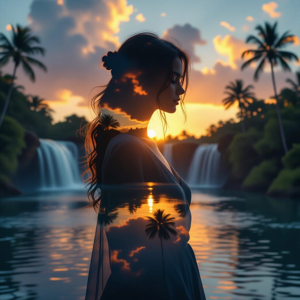 Woman's Silhouette at Golden Hour with Zen Clouds and Waterf...