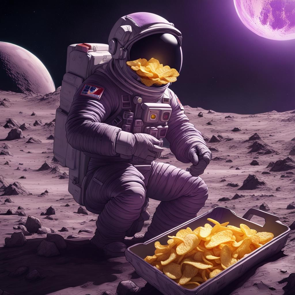 Astronaut Relaxes on Moon with Chips, Detailed Art