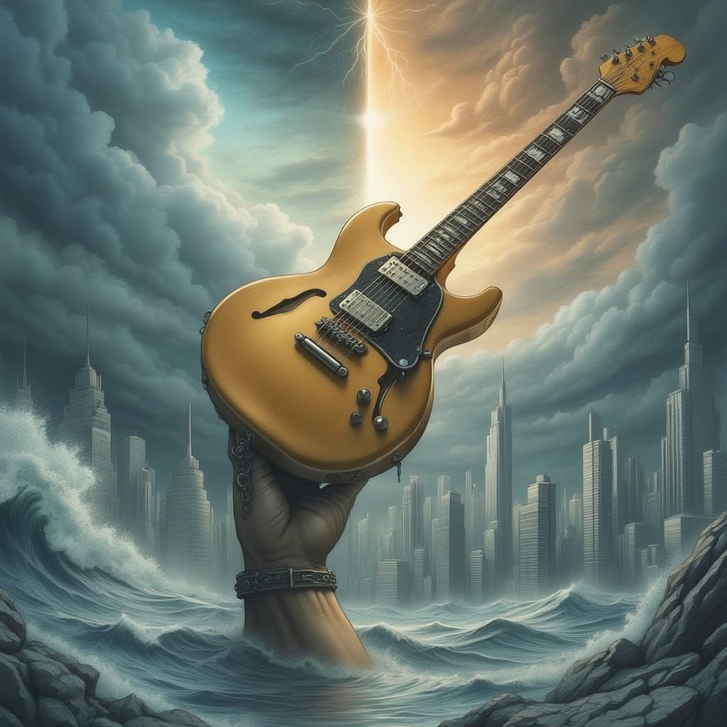 Giant Hand Grasps Guitar From Stormy Sea Over Submerged City
