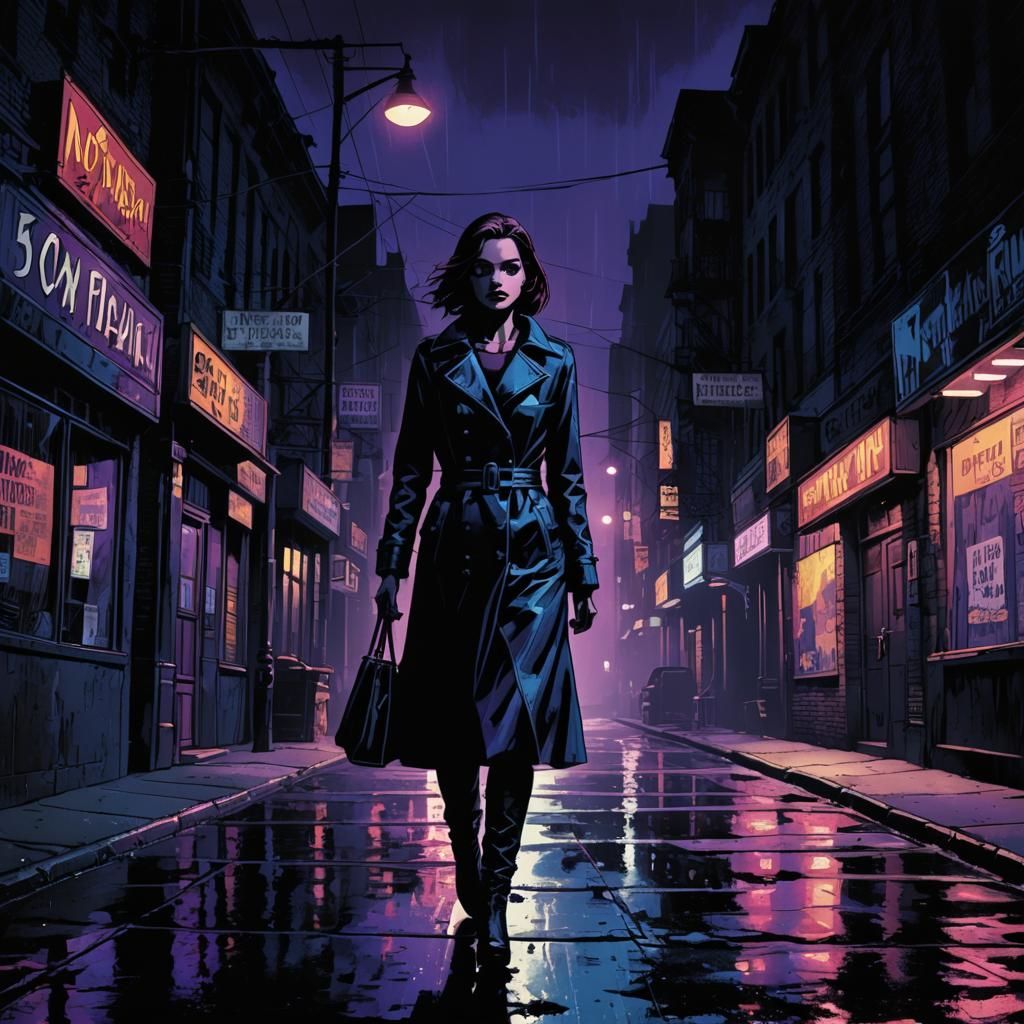 Noir Comic Art: Woman in Dark City Street