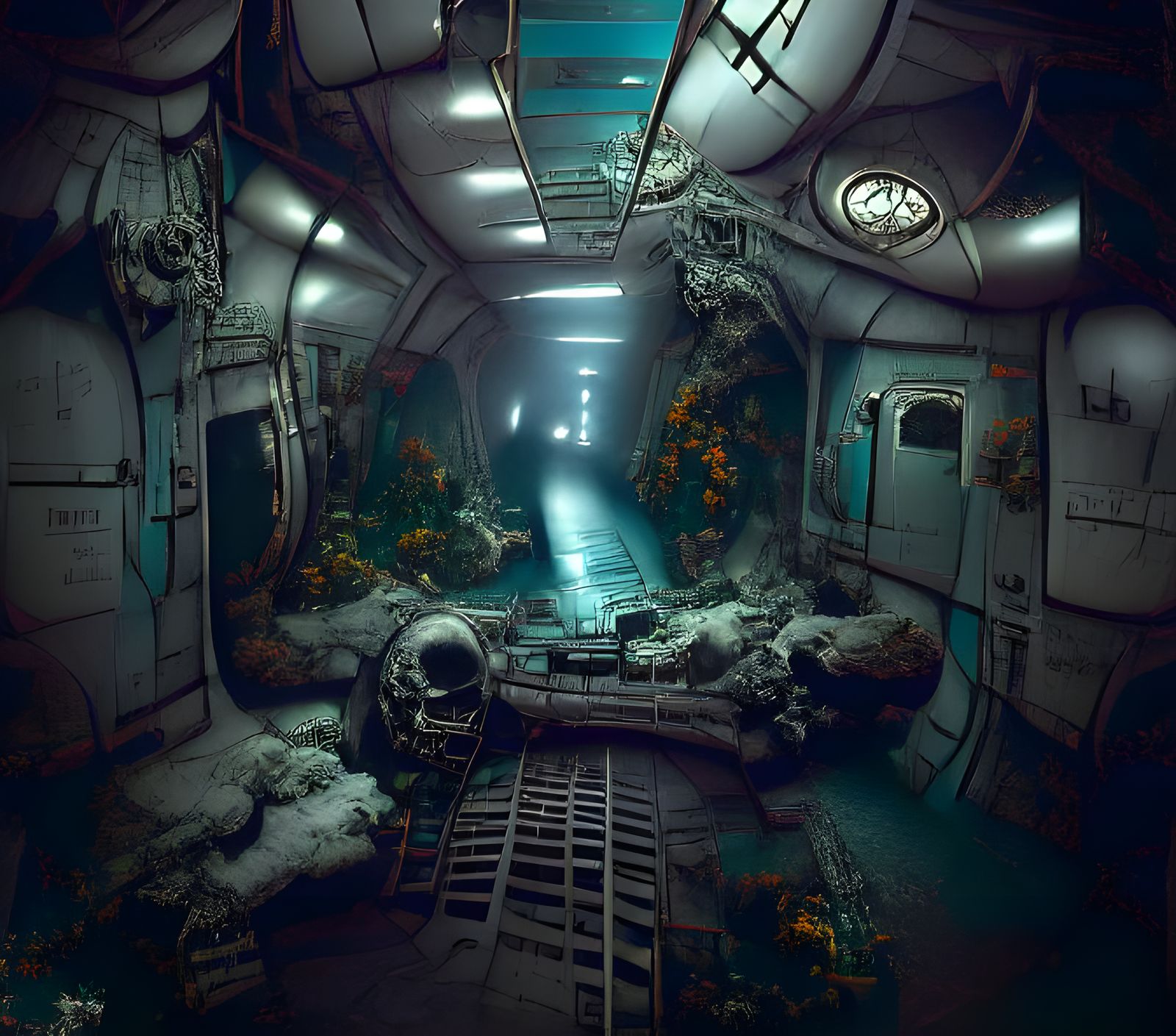 Coral Reef Transformation in Decaying Space Station