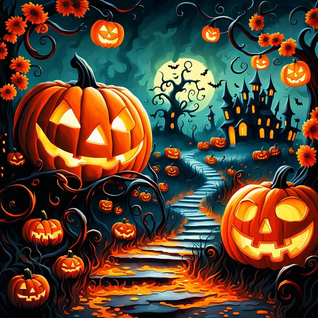 Smiling Jack-O-Lanterns Splash Art in Autumn Park