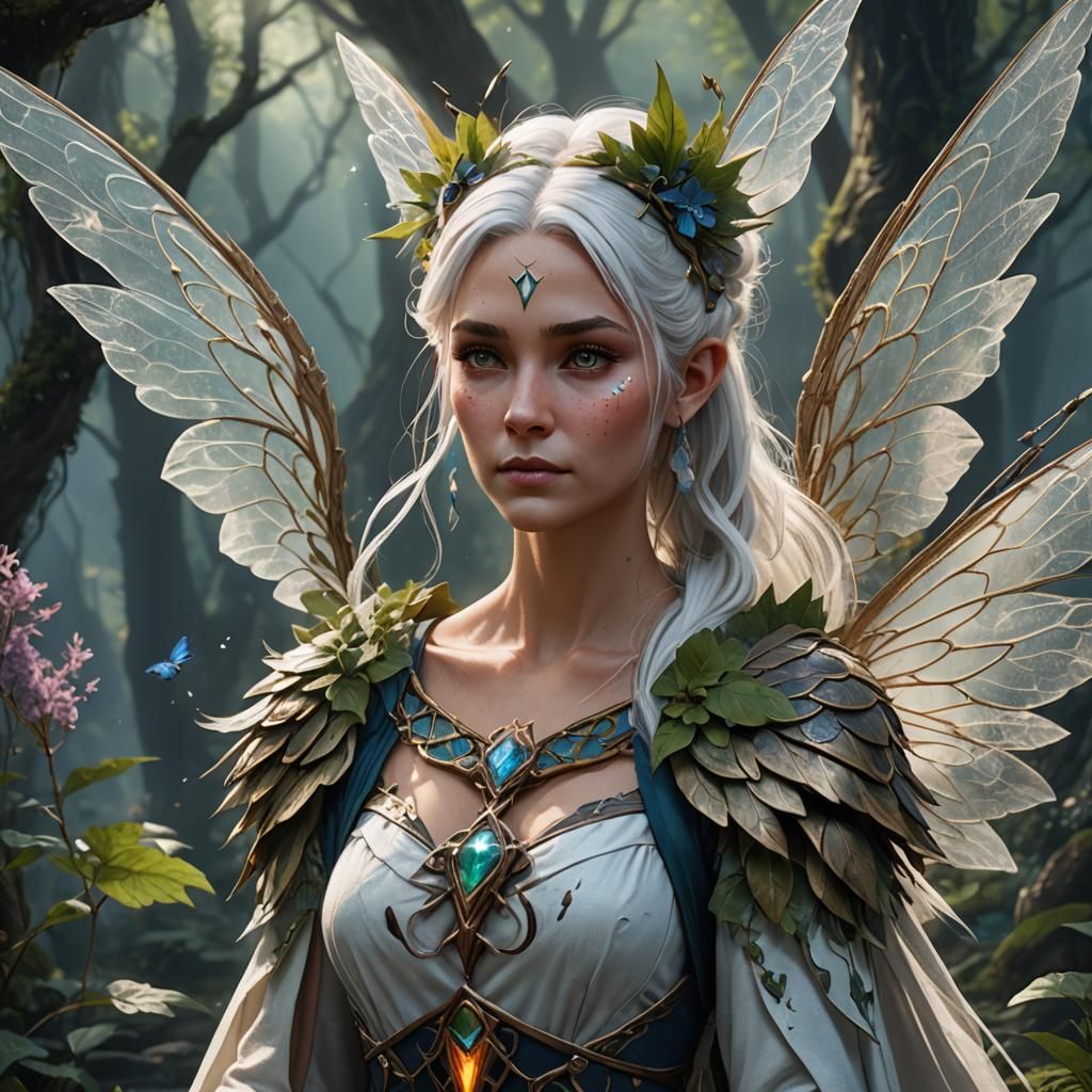 Fantasy Fairy Druid with Wings in Detailed Matte Painting