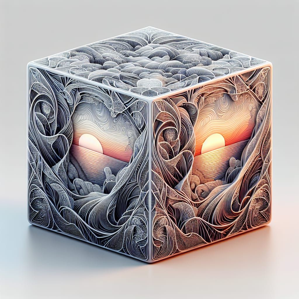 Intricate Cube with Sunset Scene and Icy Finish