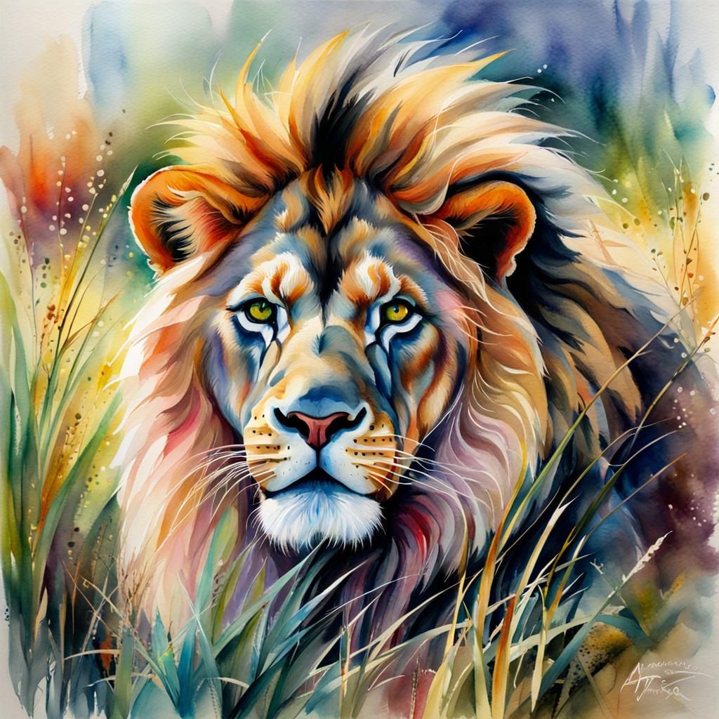 Lion in Savannah: Watercolour Fantasy Art