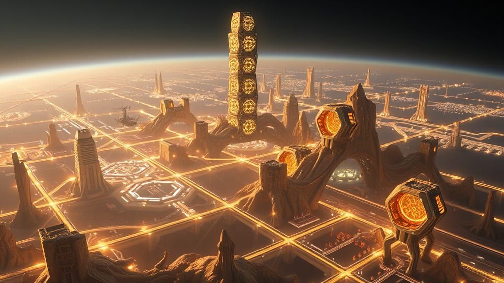 Futuristic Alien City with Hexagonal Skyscrapers