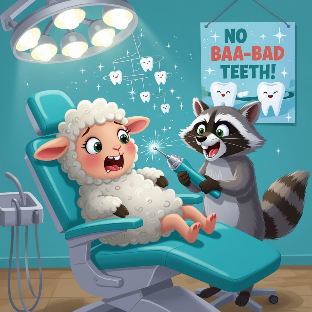 Cartoon Lamb's Dental Nightmare with Raccoon Dentist