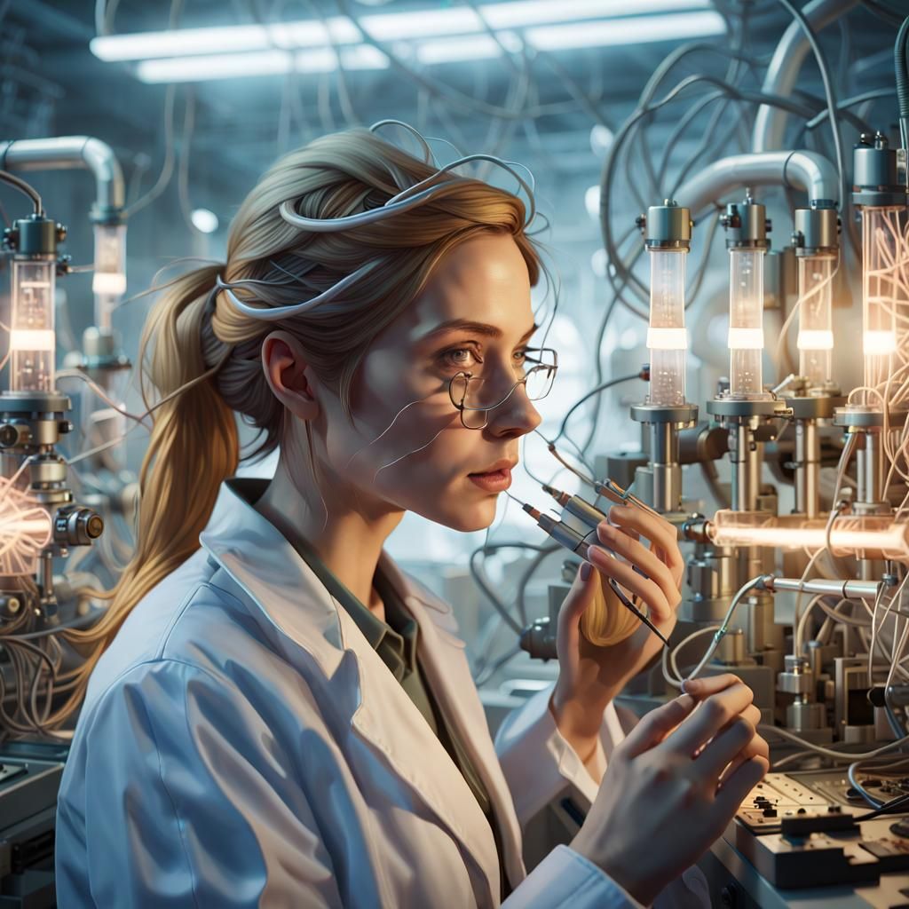 Biopunk Woman Examines Specimen in Futuristic Lab
