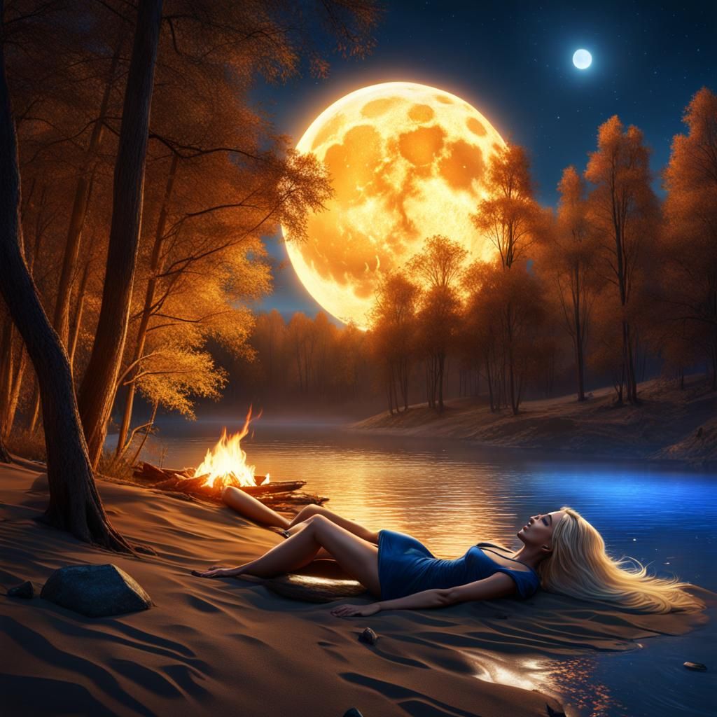 Cinematic Photo of Blonde by River Under Moonlight
