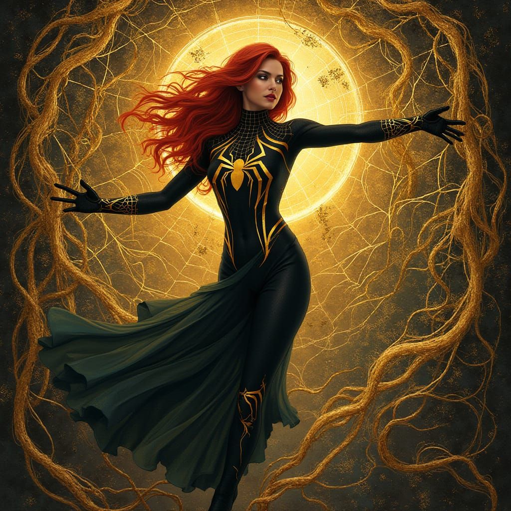 Spiderwoman in Golden Baroque Web