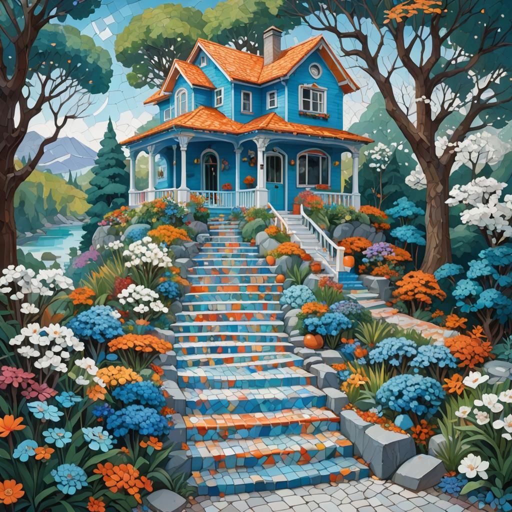Blue House with Colorful Stairs in Surreal Landscape