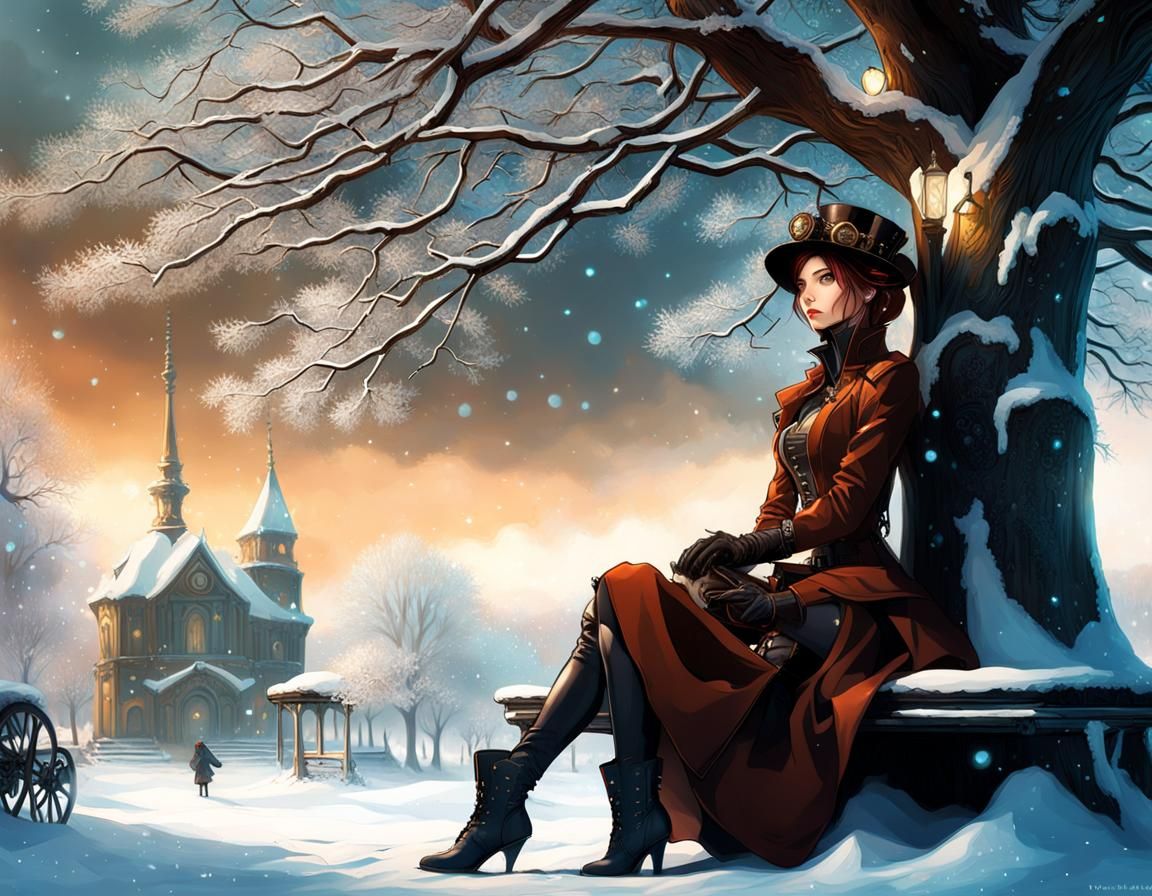 Steampunk Girl in Winter Wonderland Digital Painting