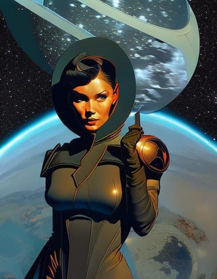 Retrofuturistic Pinup Astronaut in Space, Collage Art