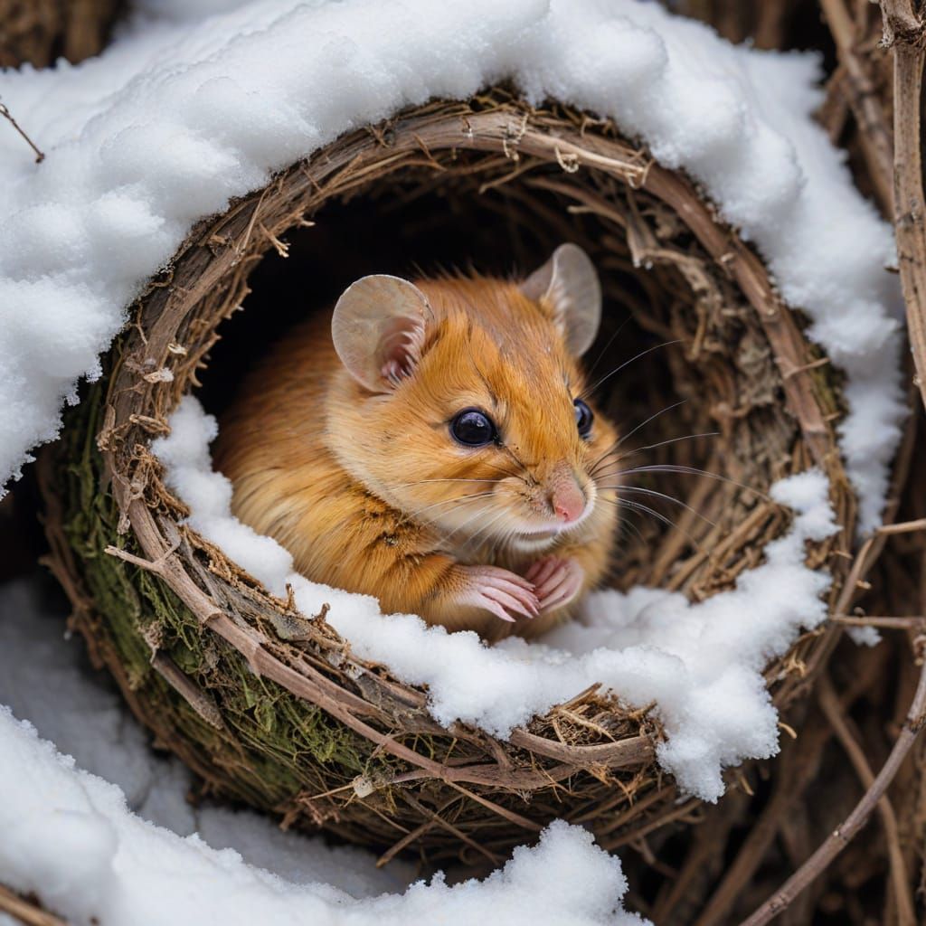 Dormouse Hibernating Snugly In Snowy Nest