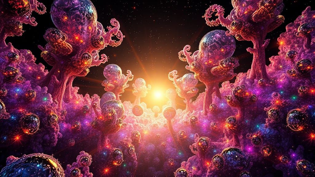 Surreal Cosmic Forest in Neon-Lit, Iridescent Splendor