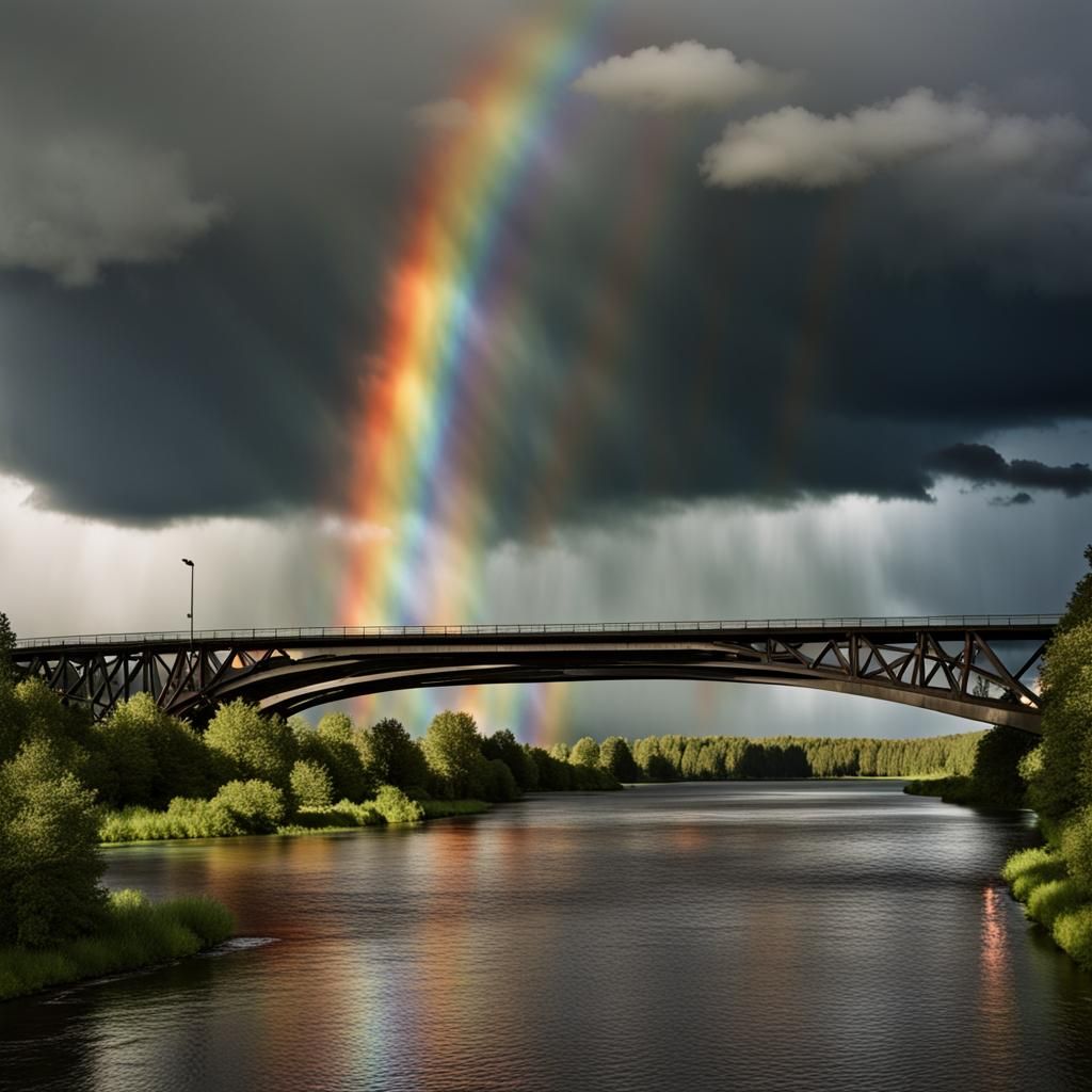 Rainbow Bridge Under Stormy Sky