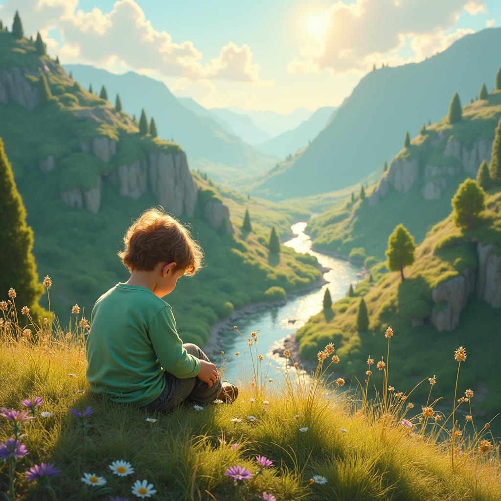 Idyllic Valley Scene in Thomas Kinkade Style