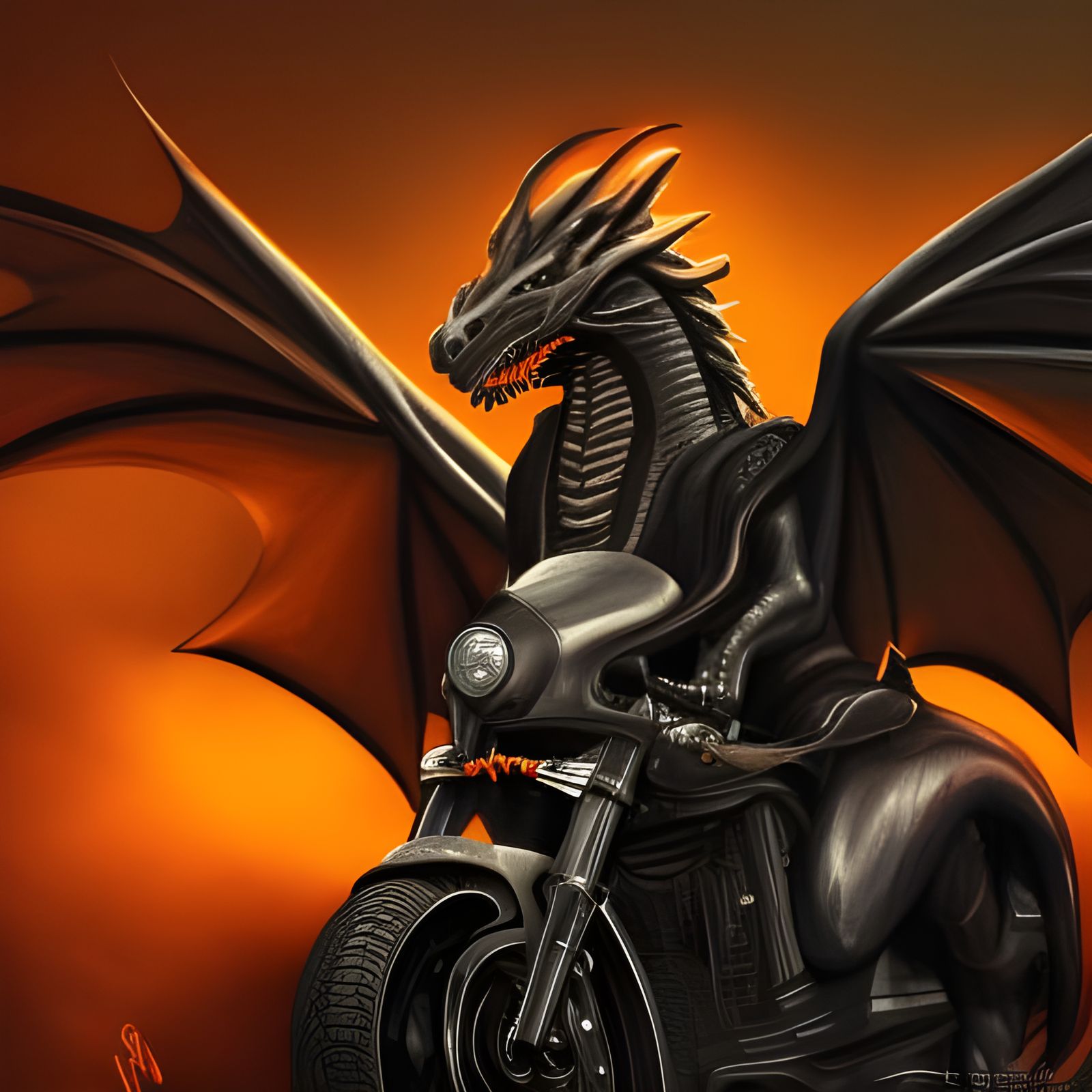 Dragon riding a Harley Davidson