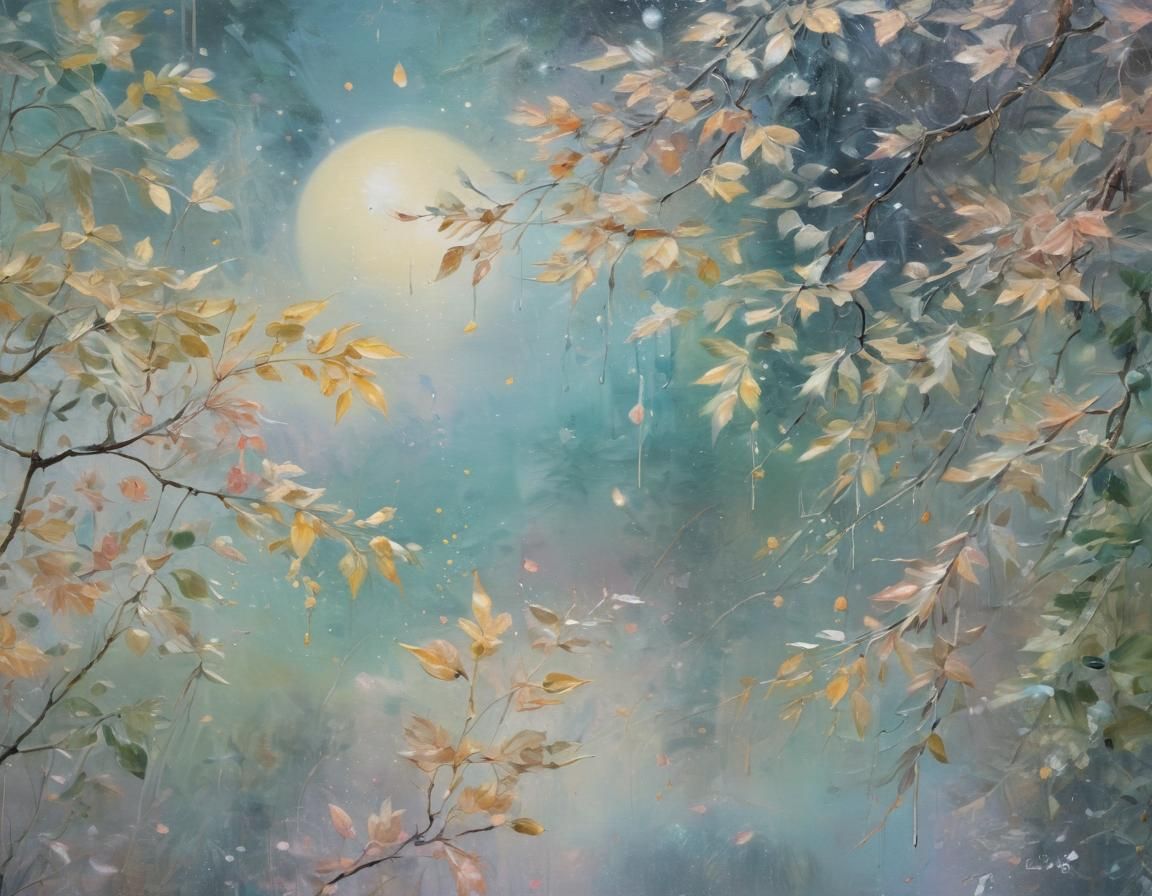 Rain-Kissed Leaves Bathed in Moonlight: An Oil Painting
