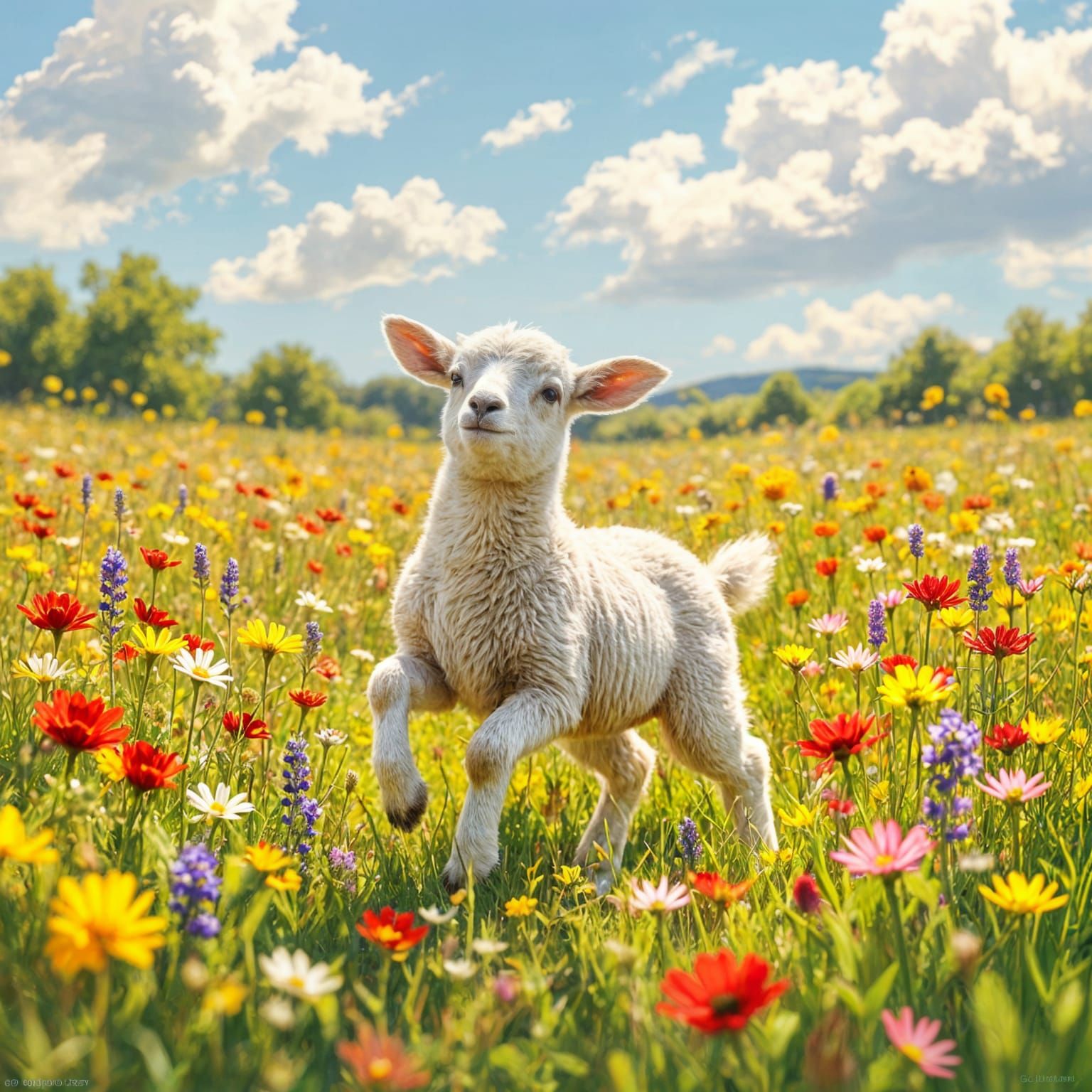 Lamb in Wildflower Field: Impressionistic Surreal Scene