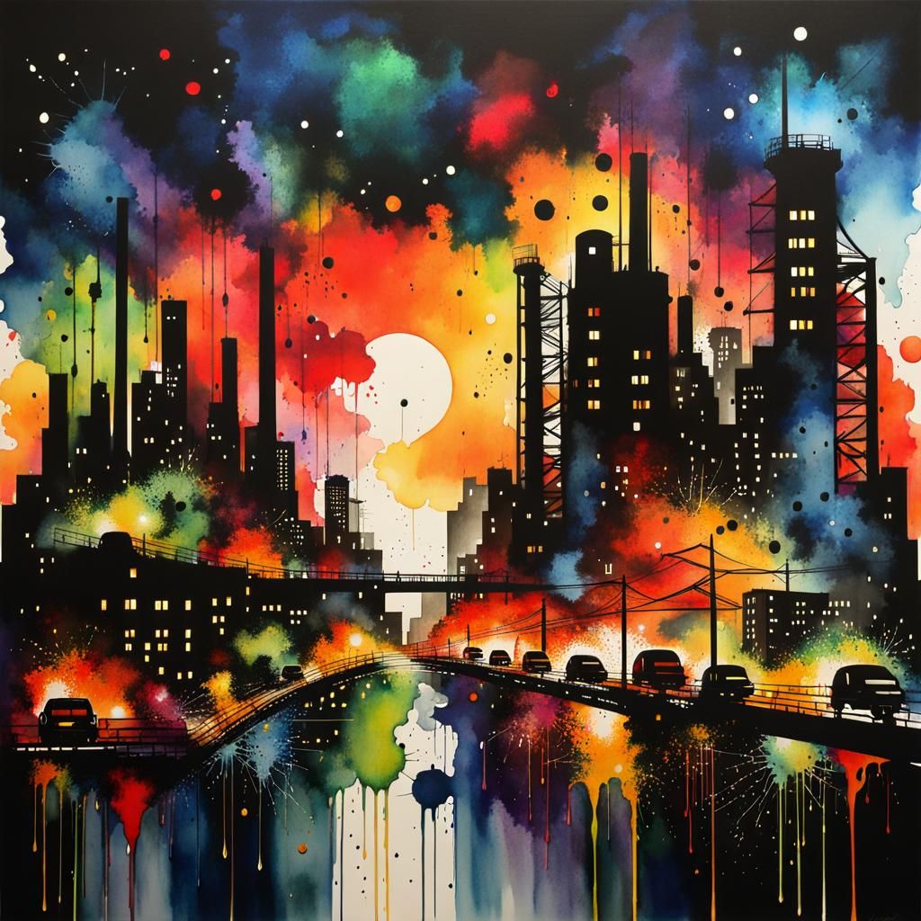 Vibrant Watercolor of Industrial City at Night