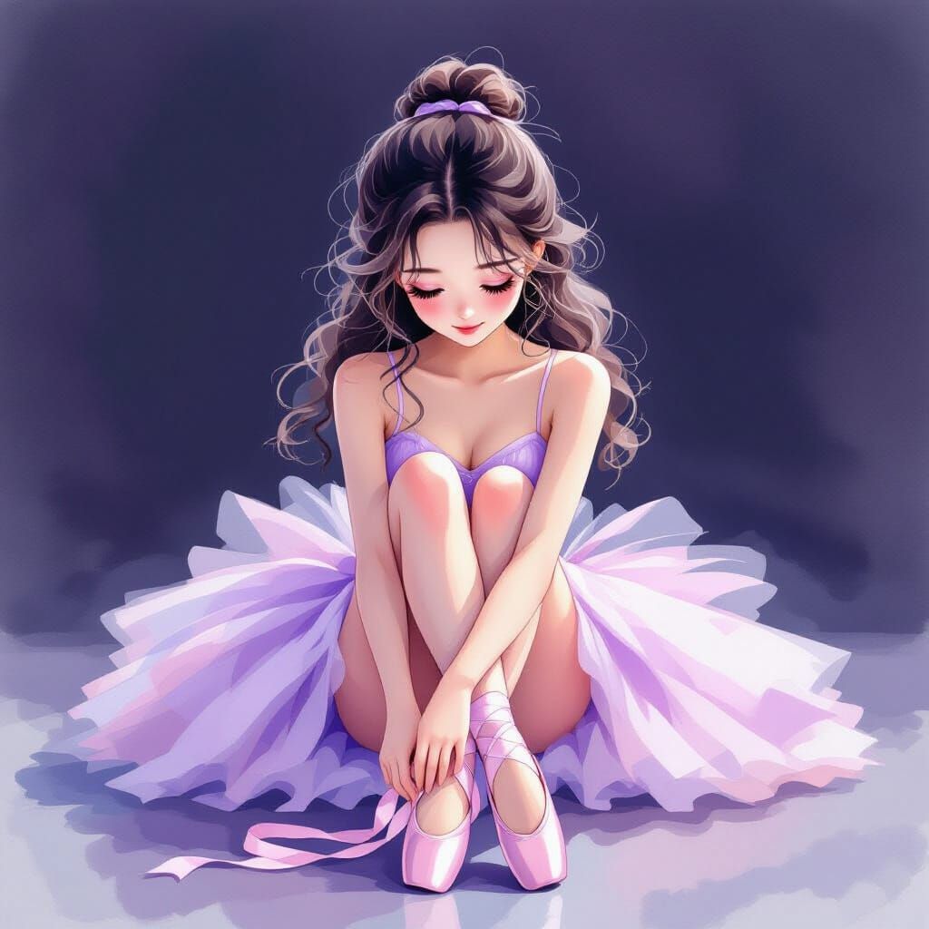 Anime Ballerina Tying Toe Shoes in Watercolor Style