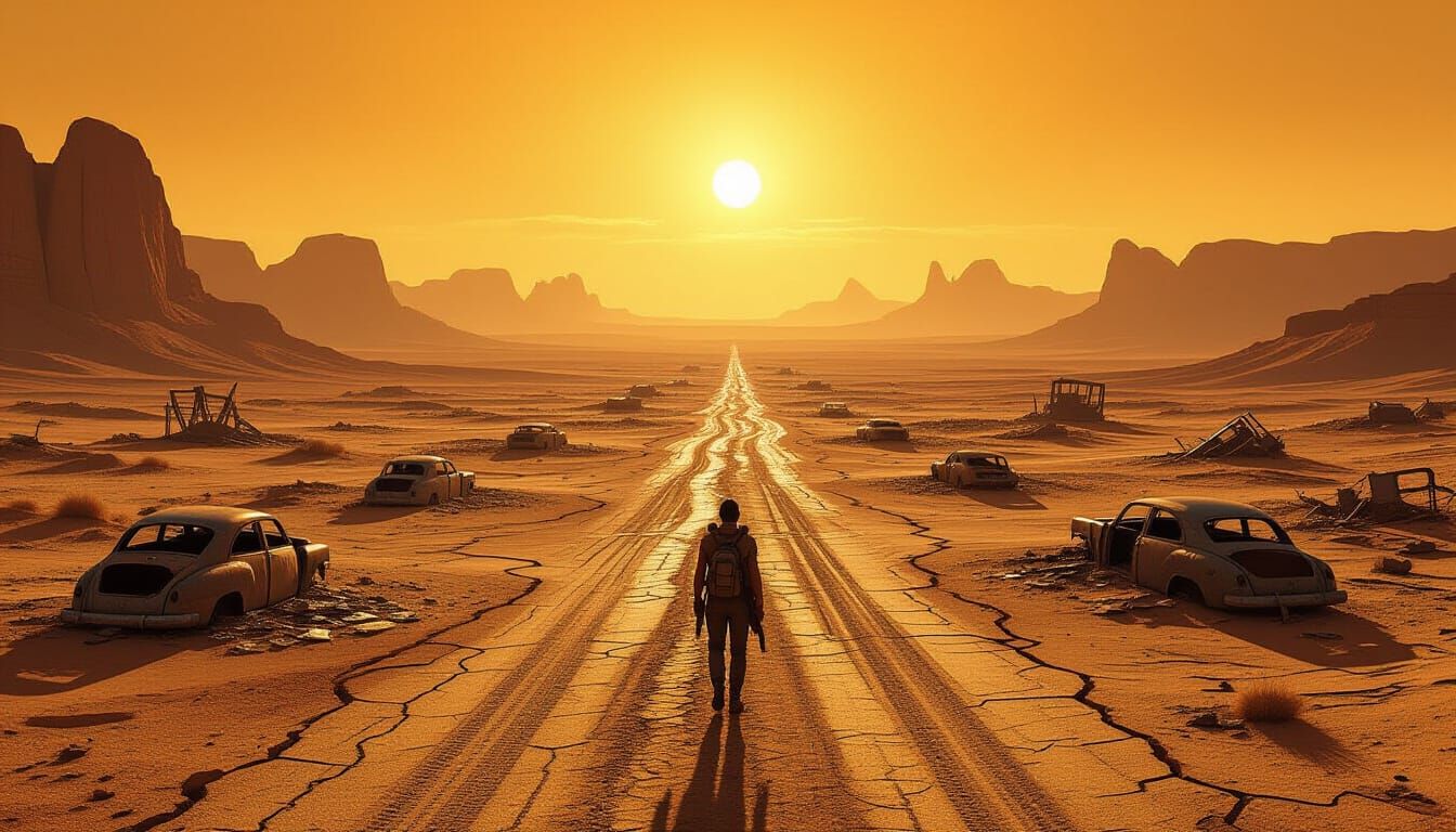 Post-Apocalyptic Wasteland Under Scorching Sky