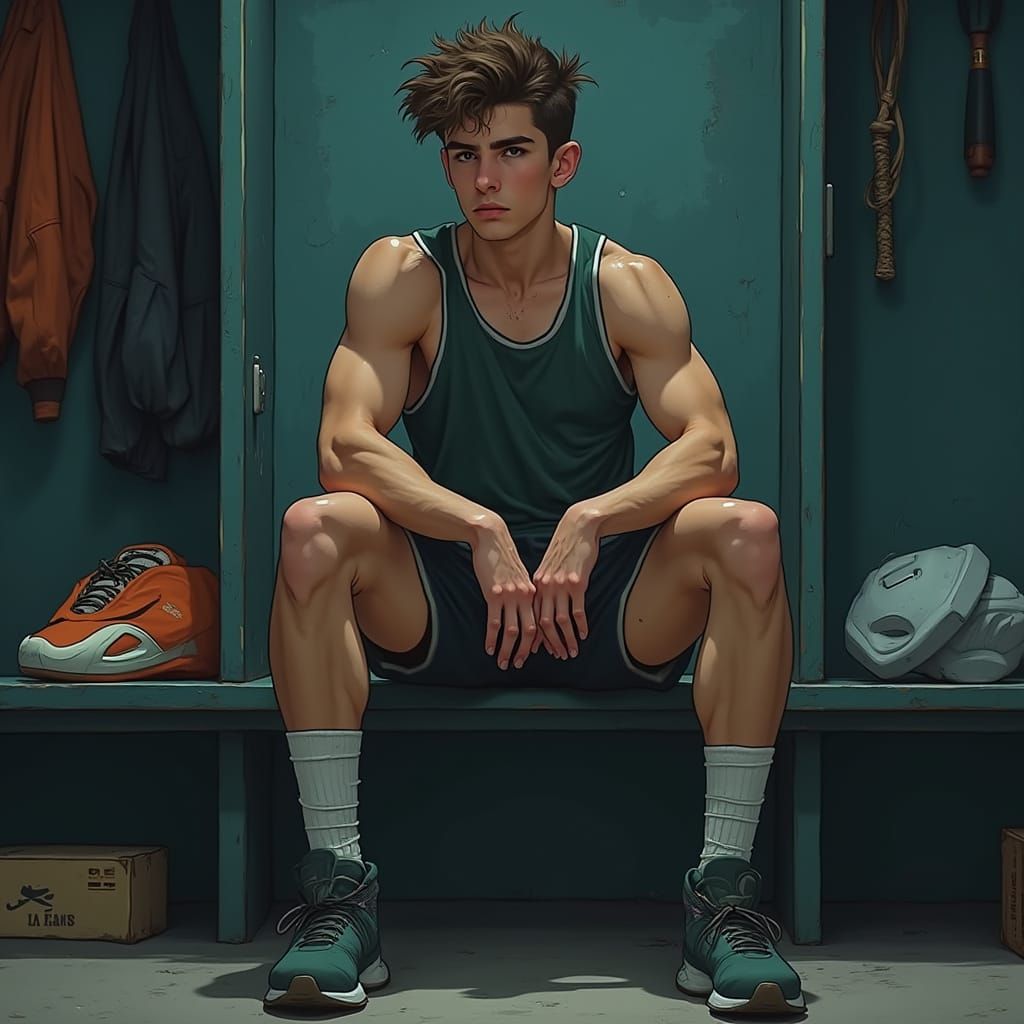 Realistic Locker Room Scene with Athletic Young Man