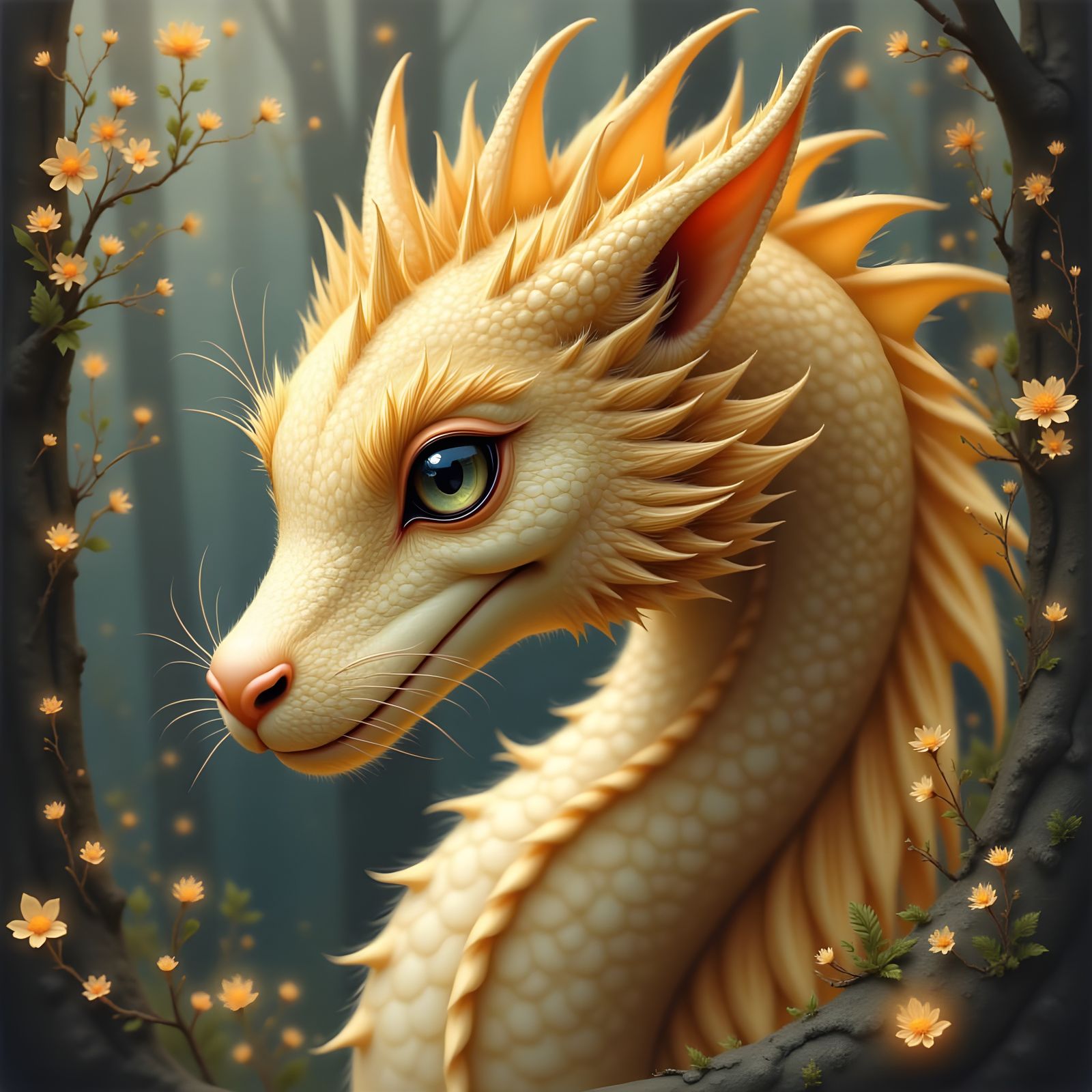 Soft Feminine Dragon with Golden Scales & Violet Eyes