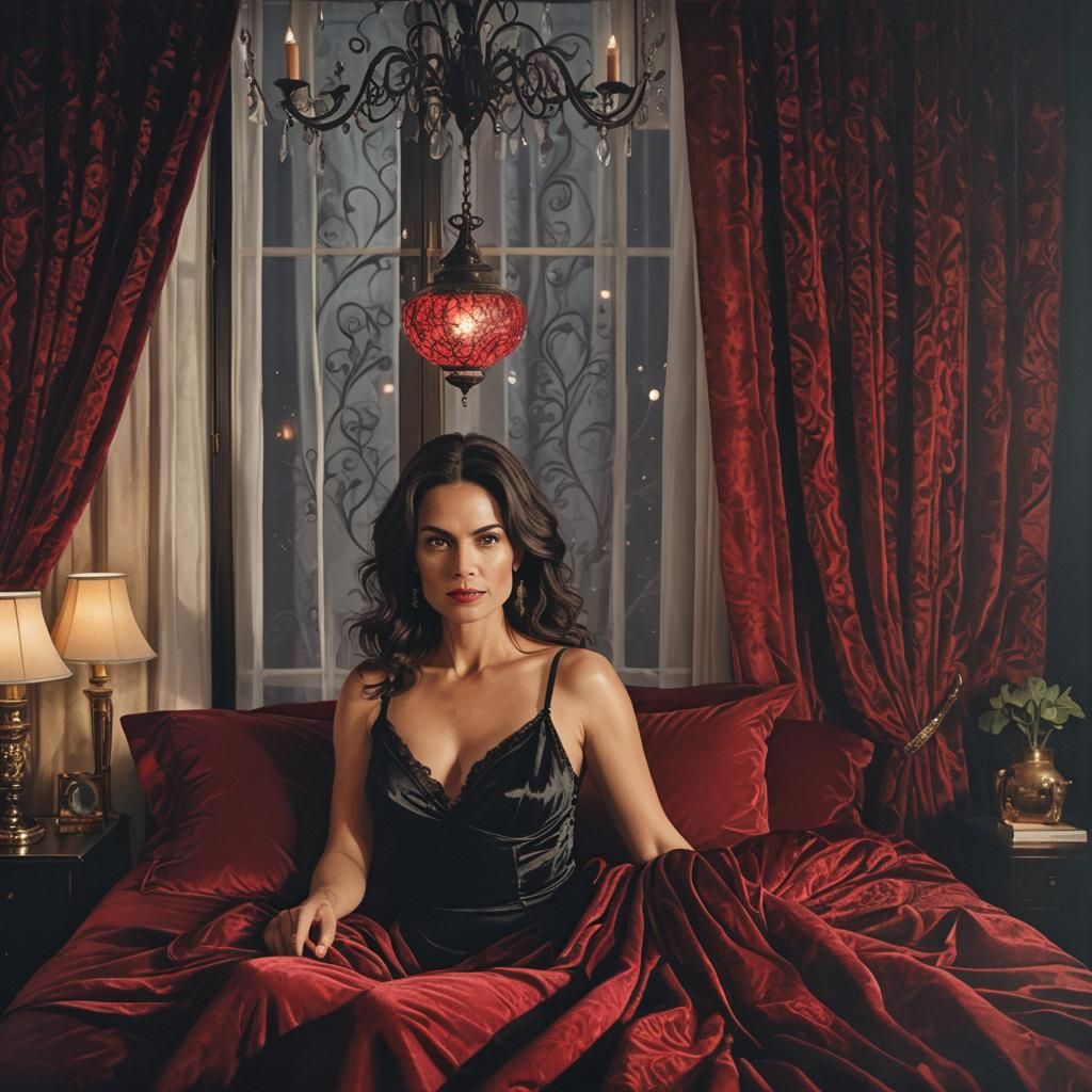 Confident Woman in Crimson Bed, Art Nouveau Style