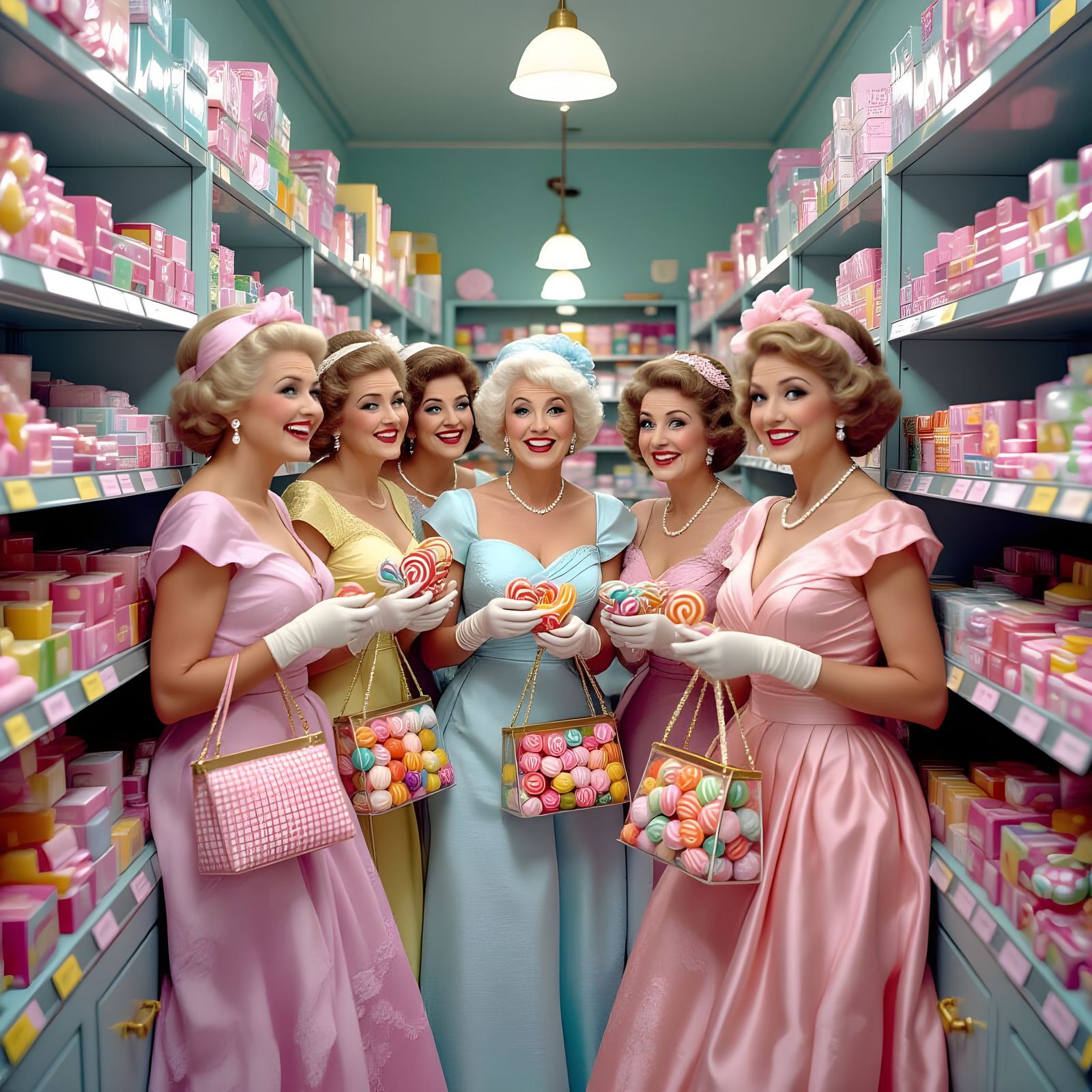 Elderly Women's Midnight Candy Heist in Wes Anderson Style