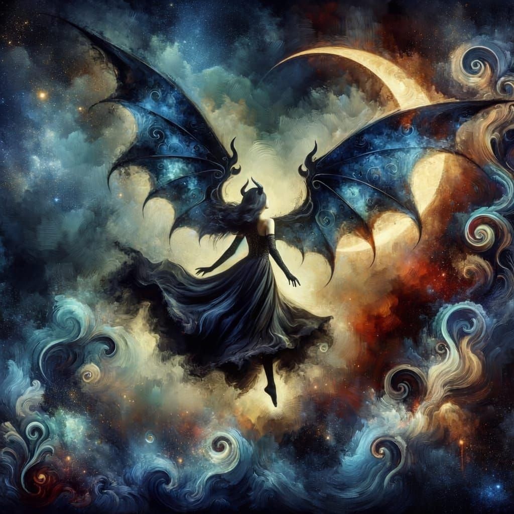 Mythic Winged Woman Under Crescent Moon
