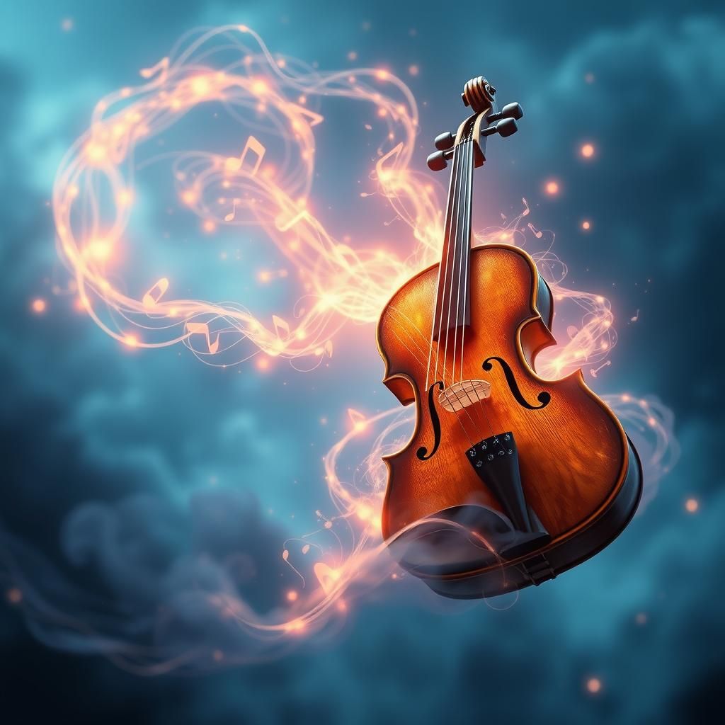 Ethereal Violin with Swirling Notes in Dreamy Blue