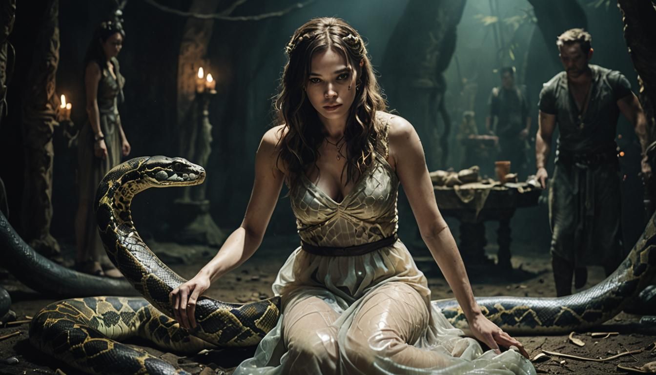 Girl and Python Ritual: Cinematic Film Still