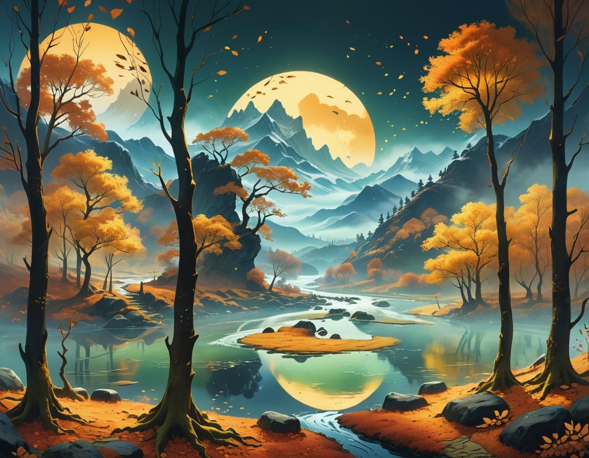 Dreamlike Autumn Landscape with Golden River