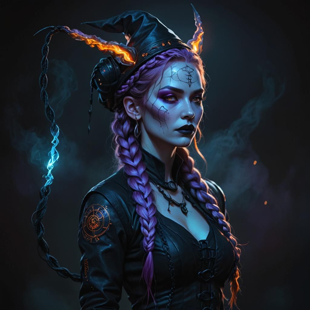 Cyberpunk Witch with Fiery Hair, Fantasy Art
