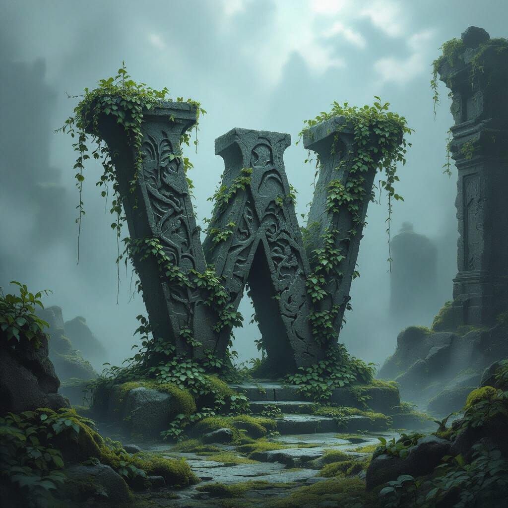 Ancient Letter W on Misty Ruin