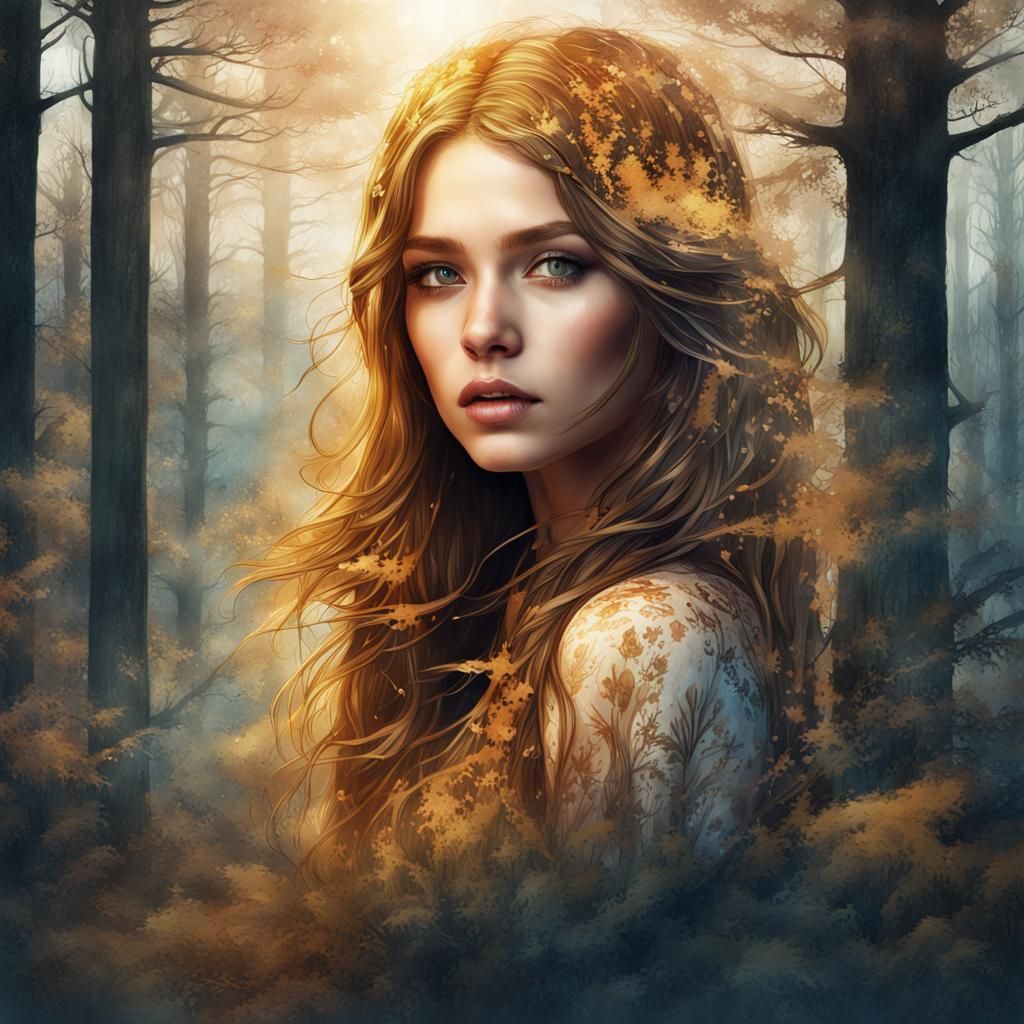 Tawny-Haired Forest Sprite in Watercolour Splash Art