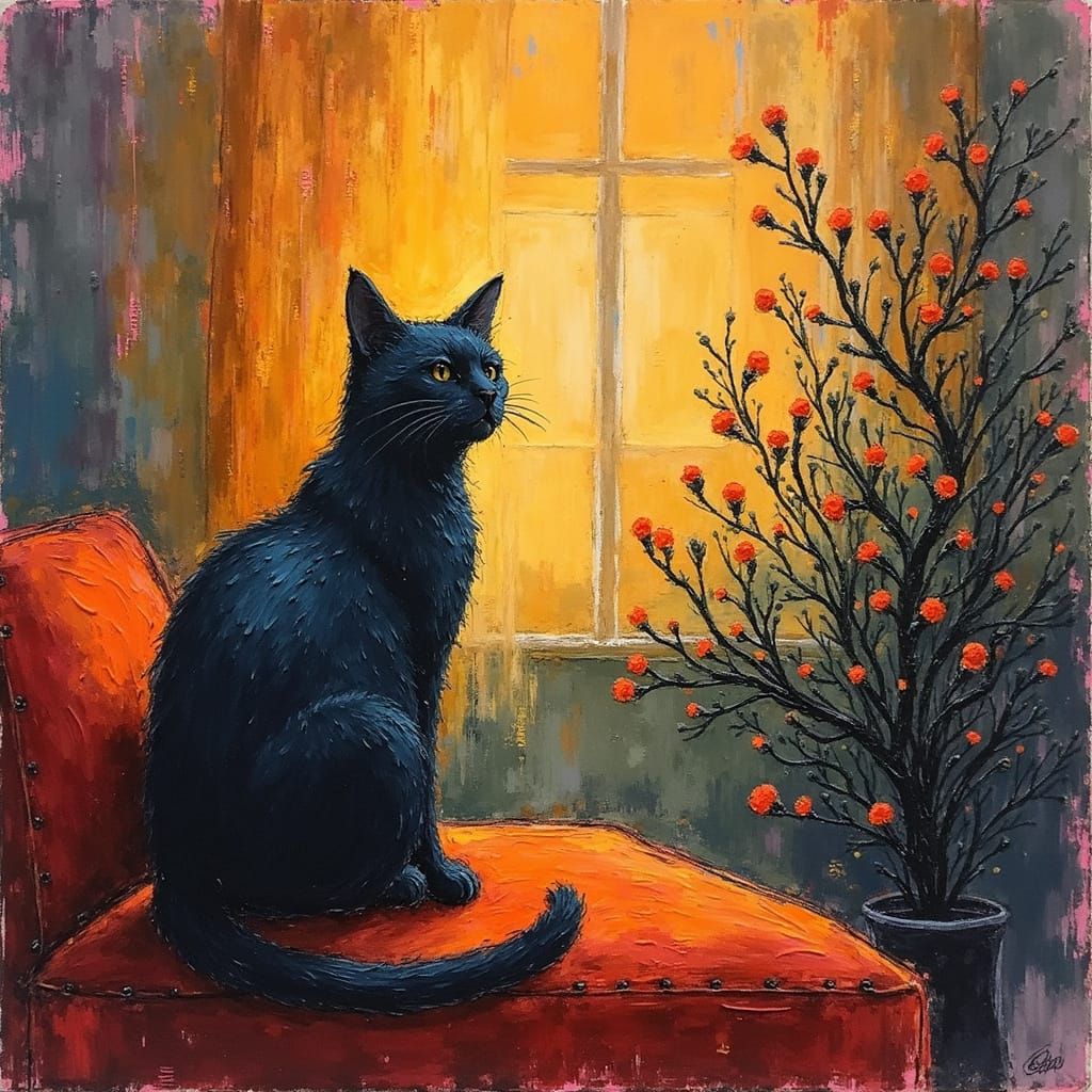 Cozy Cat: Expressionist Impasto Painting