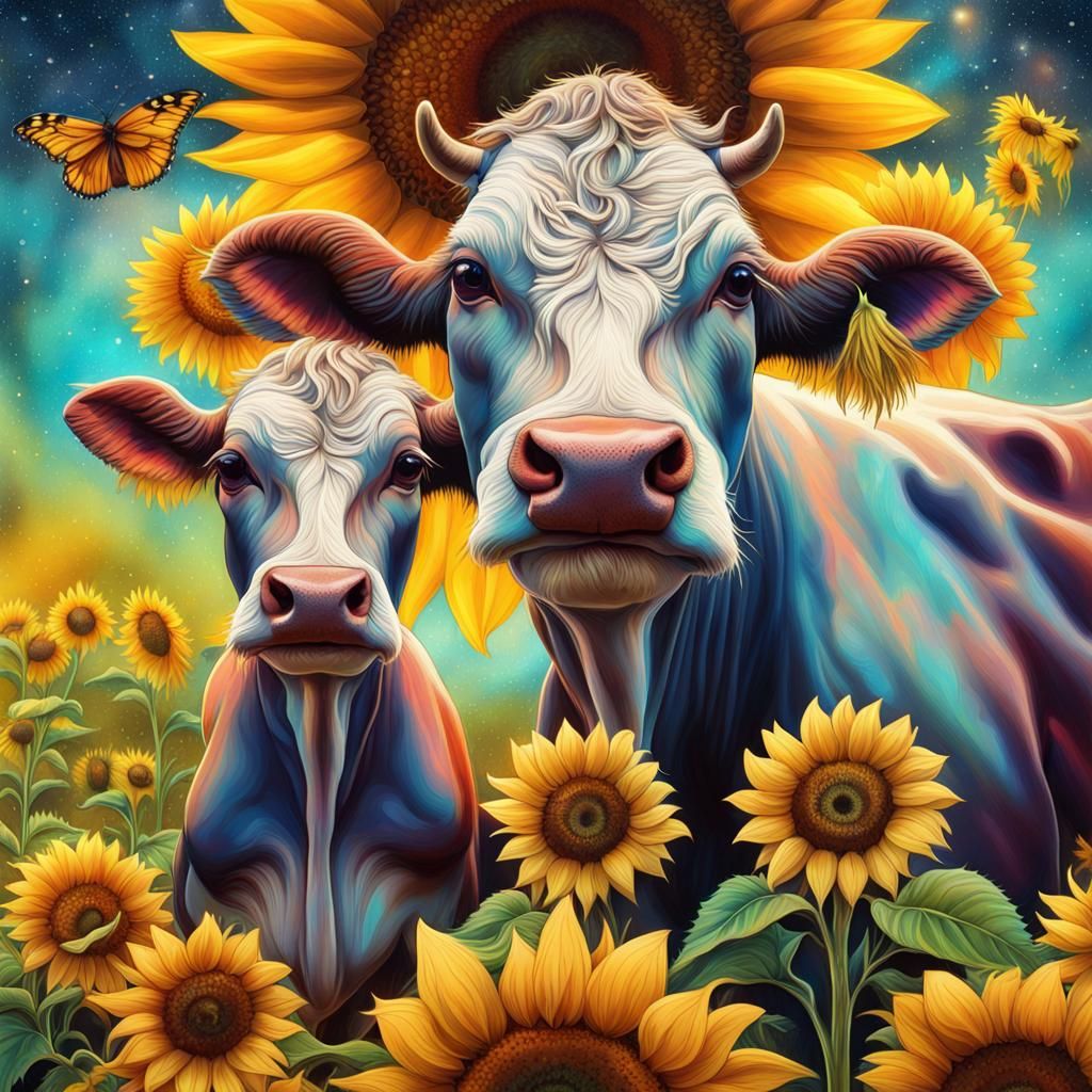 Cow with calf and sunflowers