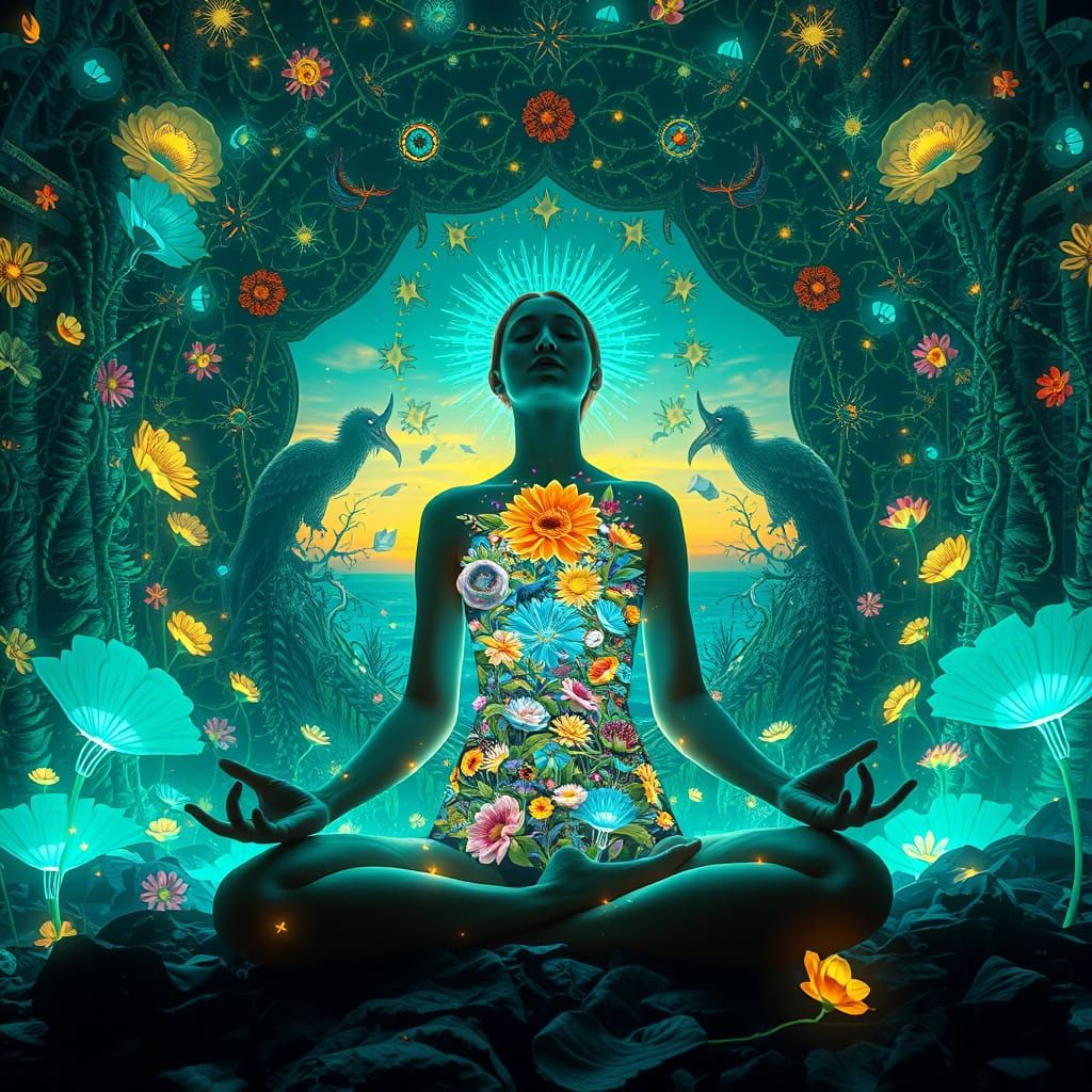 Mystical Woman Meditating in Dreamlike Landscape with Fantas...