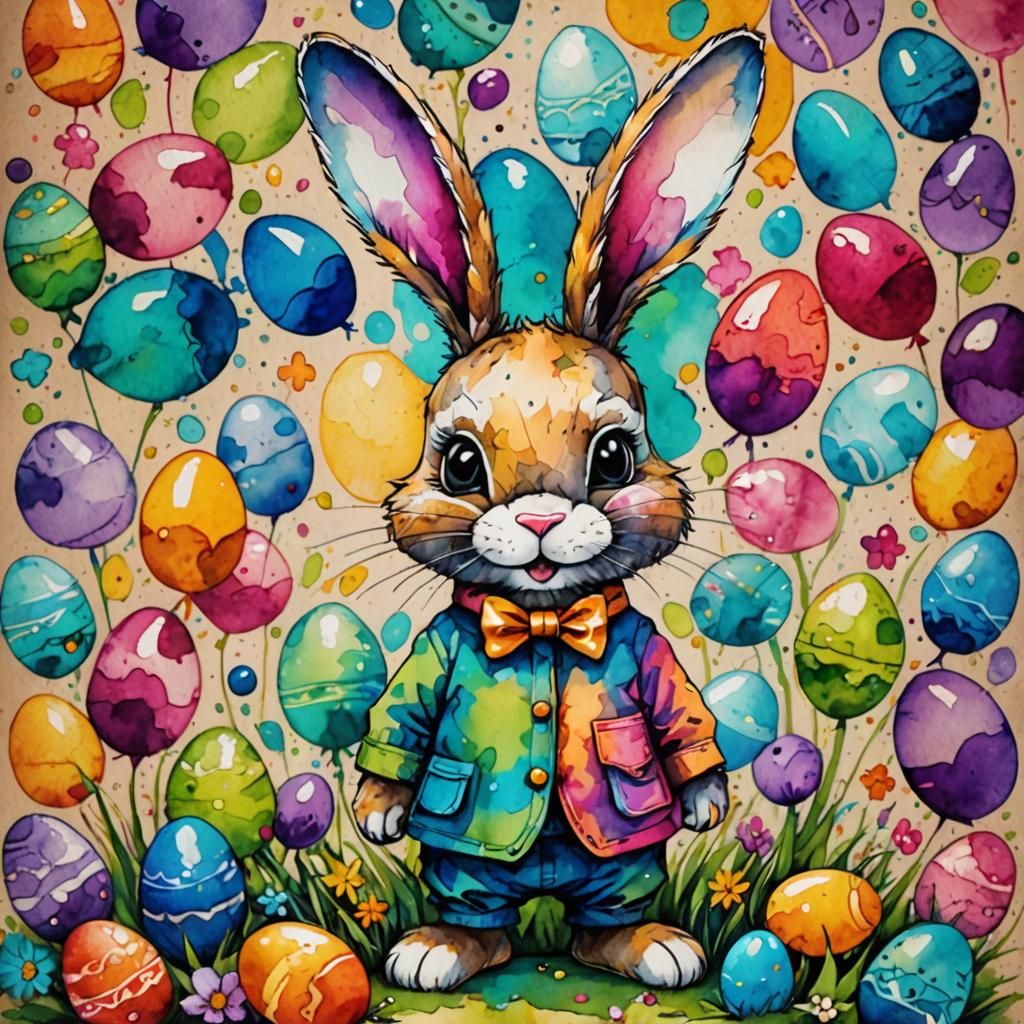 Whimsical Easter Bunny Alcohol Ink Illustration